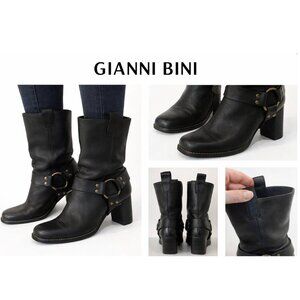 Gianni Bini Black Moto Harness Heel Boots Size 7 Leather Mid Calf Western